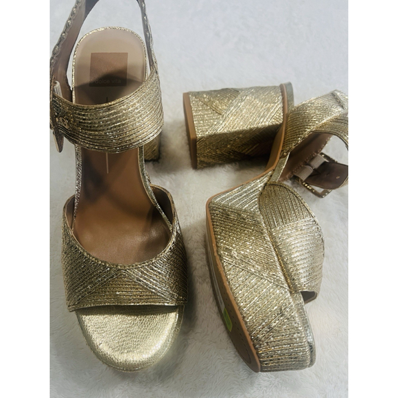 Dolce Vita Size 10 Gold Woven Stella Bobby Deco Platform Heels Sandals New - Picture 8 of 16